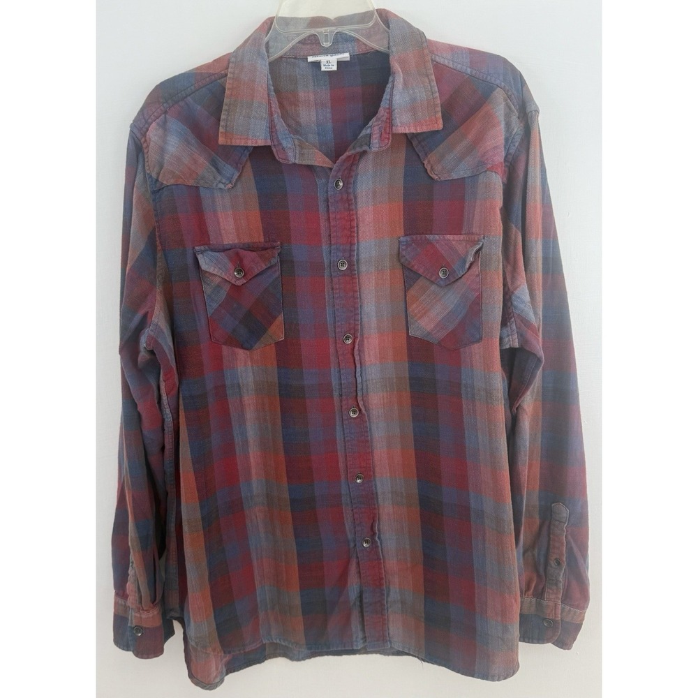 Wrangler Men's XLCotton Flannel Plaid Long Sleeve Button-Up Shirt Pockets Blue